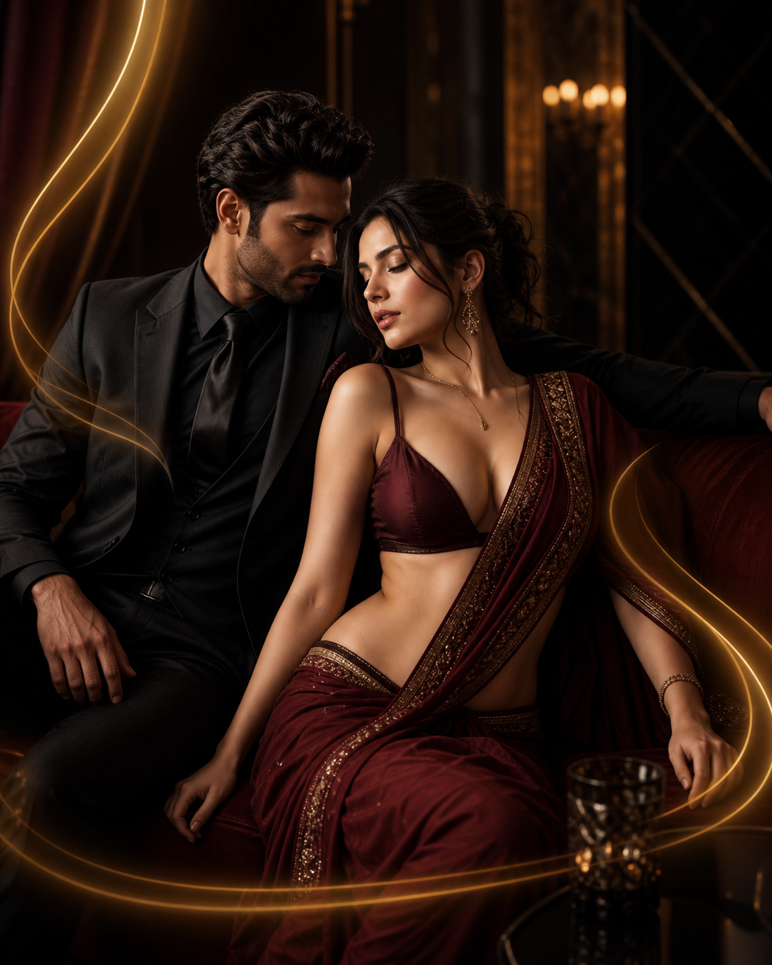 Elegant premium visual of an Indian man in a business suit and a woman in a saree